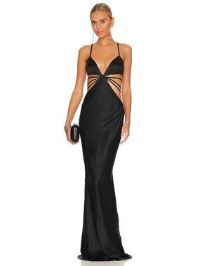 Retrofête Selma Gown Black Cutout Backless Satin Dress Womens Size L Sexy Party